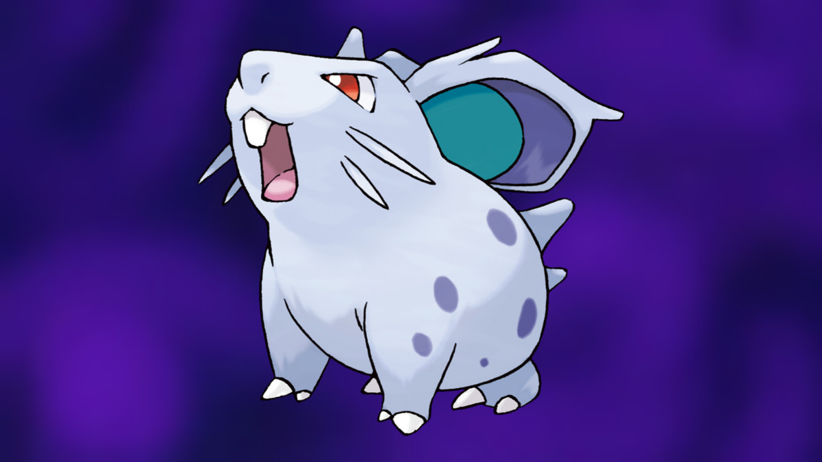 Pokémon Go Nidoran Female on Poison-type background.